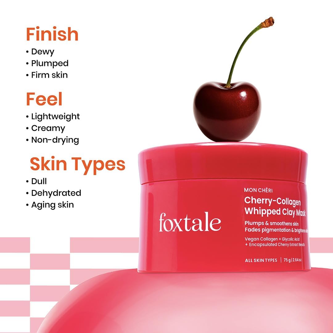 FoxTale Cherry-Collagen Whipped Clay Mask | Vegan Collagen + Glycolic Acid + PHA + Cherry Beads | Hydrates, Plumps & Firms Skin | Detoxifies Pores Beauty & Personal Care FoxTale