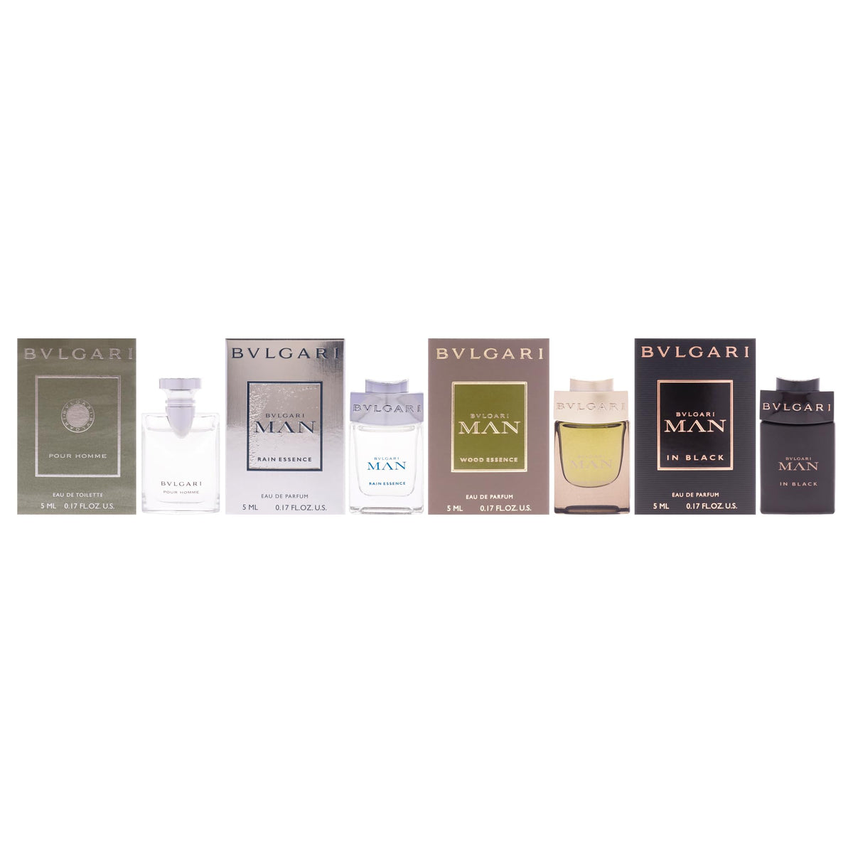Bvlgari The Mens Gift Collection for Men - 4 Pc Mini Gift Set 5ml Pour Homme(EDT), EDP- Rain Essence, Wood Essence, Man In Black.