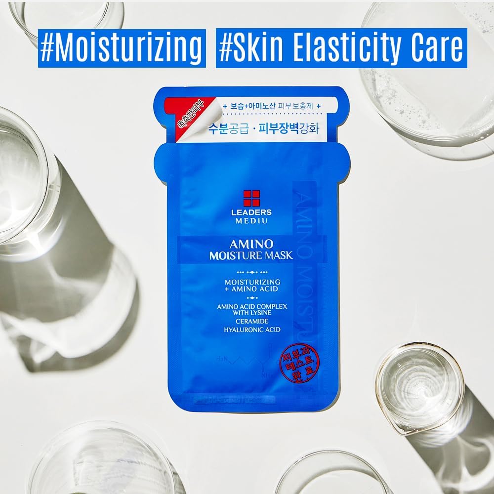 Leaders Mediu Amino Moisture Hydrating Facial Sheet Mask | Natural Mineral Water, Hyaluronic Acid, Ceramide | Anti-Aging, Soothes Dry Skin, Enhances Beauty & Personal Care Leaders Insolution