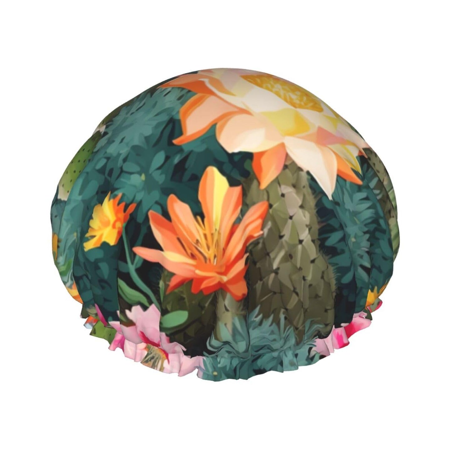 Summer Floral Cactus Shower Cap for Women Men Large Reusable Shower Bonnet Double-Layer Waterproof Bath Caps Elastic Band Hair Hat for All Hairstyles Beauty and Personal Care BWLHJKE