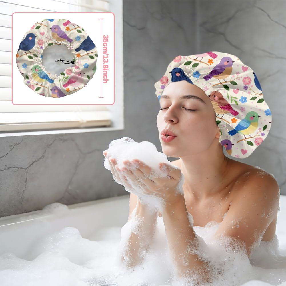 DELORIGIN Bohemian Birds Flowers Reusable Shower Cap Cute Double Layer Waterproof Shower Caps Large Elastic Hair Cover Adjustable Hair - Drying Caps Beauty and Personal Care DELORIGIN