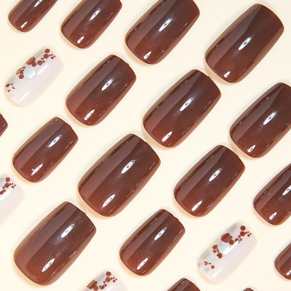 CTTHNBD Square Press on Nails Short - Brown Fake Nails with Silver Sequins Design - Glossy Full Cover Stick on False Nails for Women - 24 Pcs Beauty and Personal Care CTTHNBD
