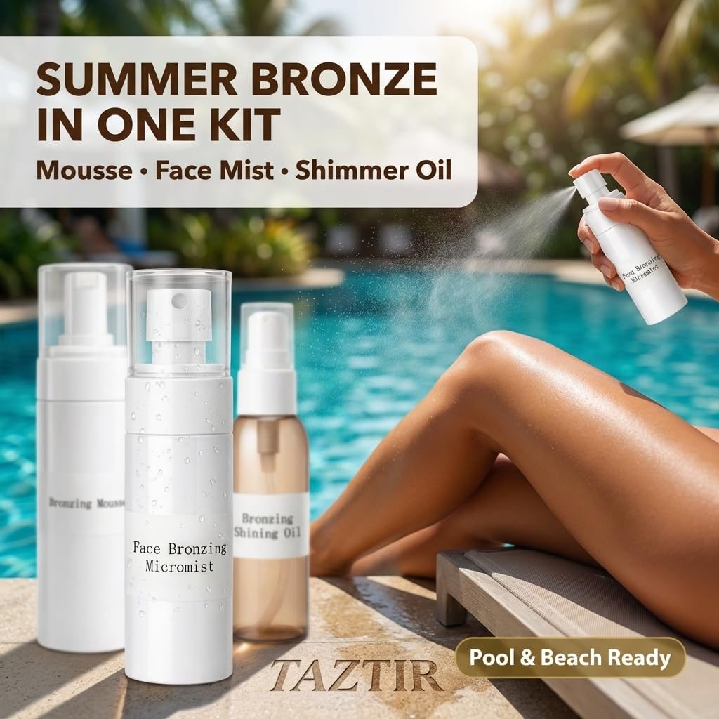 TAZTIR Antique Bronze Mousse Face Bronzer Micro-Mist Spray with Bronzer Shining Oil Set, Mousse/Spray/Oil Trio Set, Natural Bronzer, Moisturizing Beauty & Personal Care TAZTIR