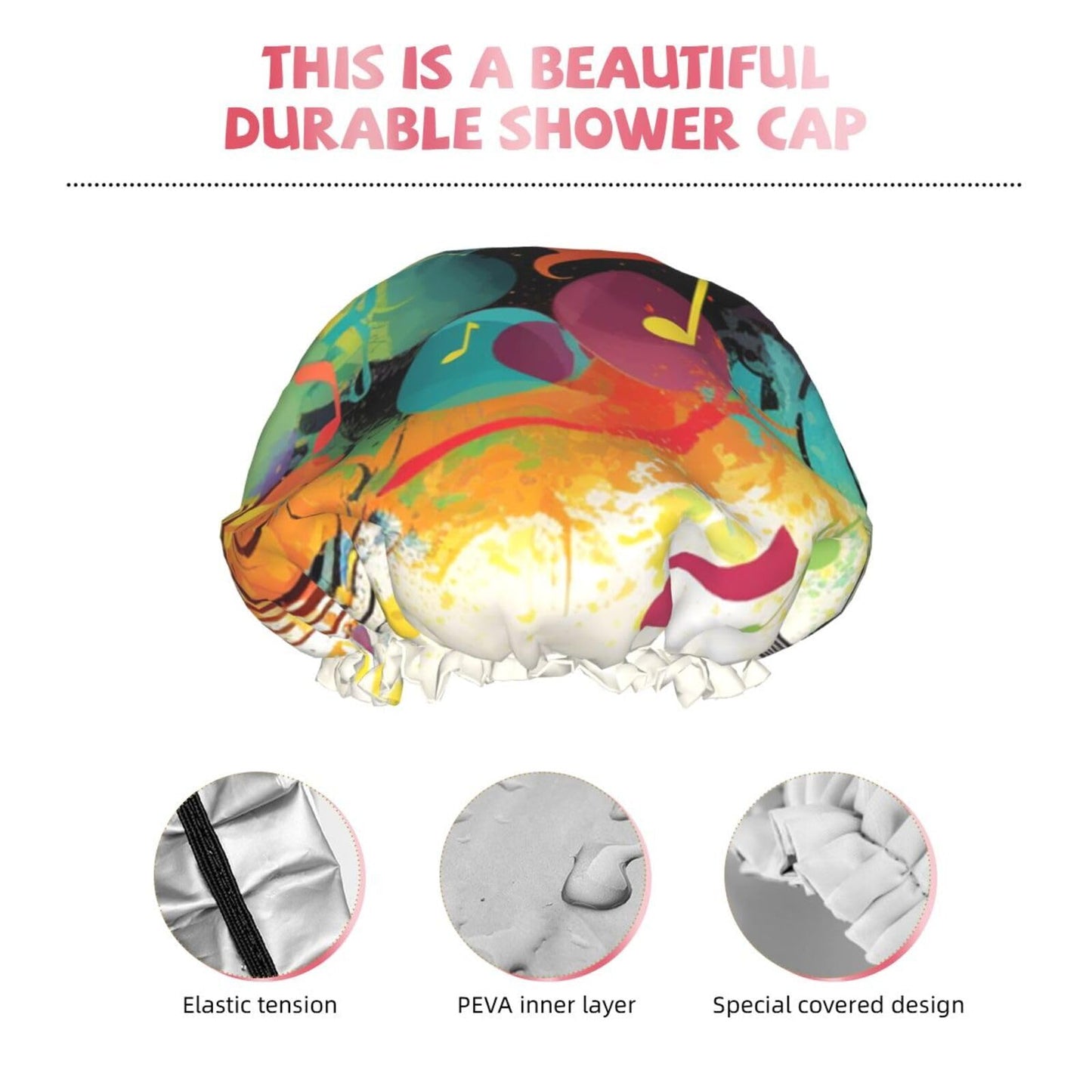 Abstract Music Themed Shower Cap For Women Reusable Double Layers Bathing Bath Cap Hair Caps Waterproof Elastic Band Ladies Spa Salon Shower Hat Hair Beauty and Personal Care GDSHJKLW