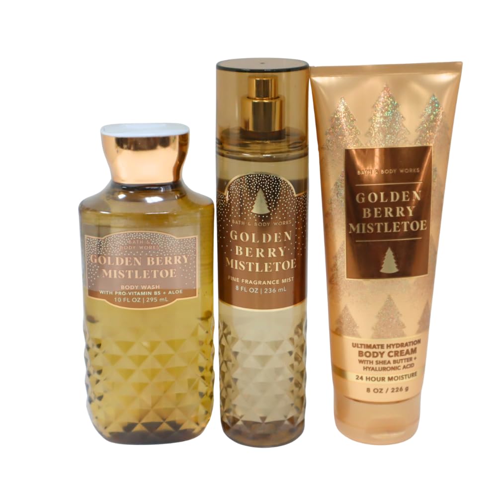 Bath & Body Works GOLDEN BERRY MISTLETOE 3pc Gift Set with a Blue Bow for Holidays & Gifts - Mist, Body Cream & Body Wash - Full Size Beauty and Personal Care Bath & Body Works