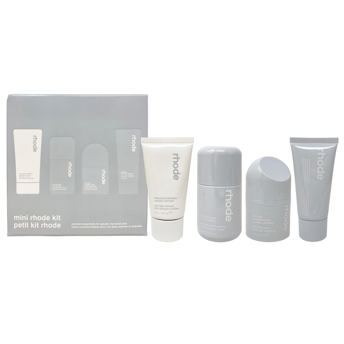 Rhode Mini Kit Glazed Skincare Essentials - 4-Piece Set with Cleanser, Glazing Milk, Peptide Glazing Fluid & Barrier Restore Cream