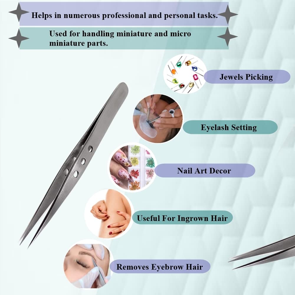 Professional Stainless Steel Tweezers 4.75" with Fine Precision Tips for Facial Hair, Splinter and Ingrown Hair Removal Used by Women & Men Beauty and Personal Care HIGH TECH INSTRUMENTS