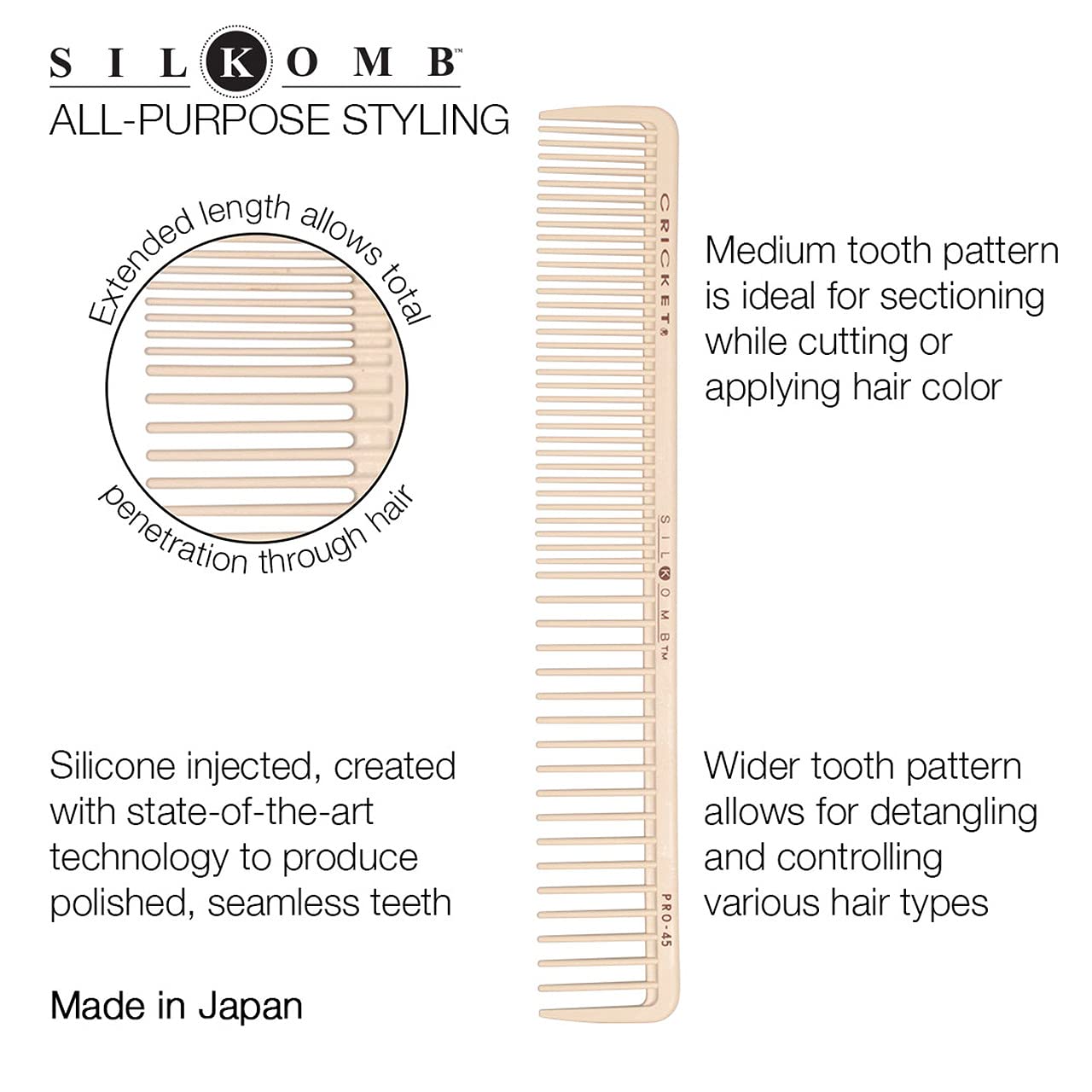 Cricket Silkomb Pro-45 All Purpose Professional Hair Stylist Comb - Japanese Made, Silicone Injected, Dual Tooth Patterns for Detangling, Cutting Beauty & Personal Care Cricket