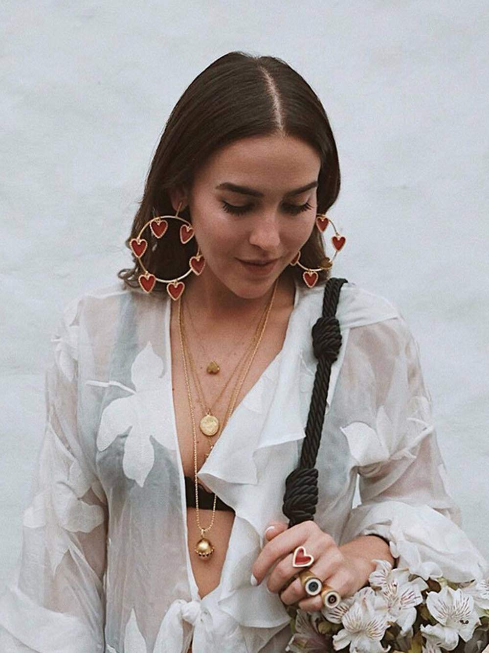 Doubnine Large Hoop Earrings Red Heart Circle 80s Silver Dangle Earrings Wedding Bridal Love Sweet Bohemian Jewelry for Women Girls Beauty & Personal Care Doubnine