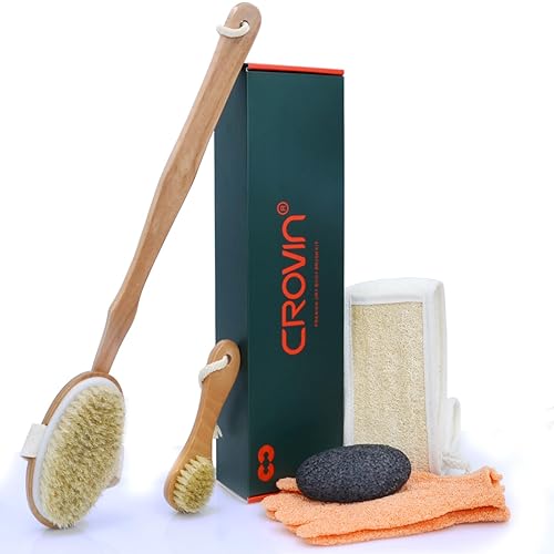 CROVIN Dry Brushing Body Brush with Natural Boar Bristle Dry Brush for Exfoliating Loofah Body Scrubber - Face Brush -Bath and Shower Gloves - Pumice Beauty & Personal Care CROVIN
