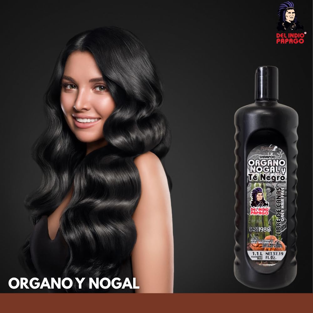 Del Indio Papago Organo Nogal y Té Negro Shampoo 1.1L - Black Walnut & Black Tea Herbal Shampoo for Dark-Looking Hair - Gentle Cleansing Formula - For