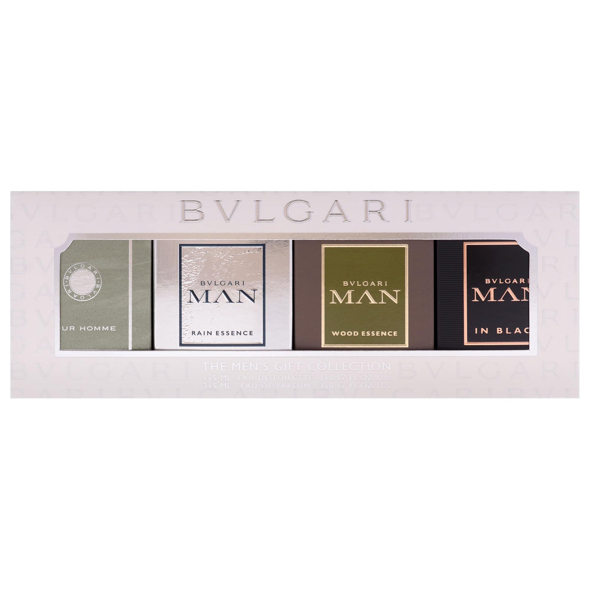 Bvlgari The Mens Gift Collection for Men - 4 Pc Mini Gift Set 5ml Pour Homme(EDT), EDP- Rain Essence, Wood Essence, Man In Black.