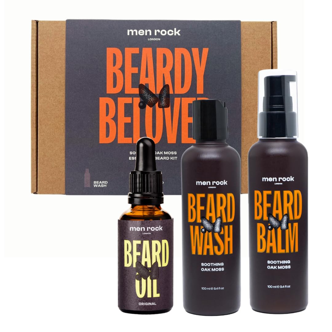 Men Rock Beardy Beloved Soothing Essential Beard Kit - Oak Moss - Beard Oil, Balm and Wash - Mens Face Care - Skincare Products for Men - 3 Pc Beauty and Personal Care Men Rock