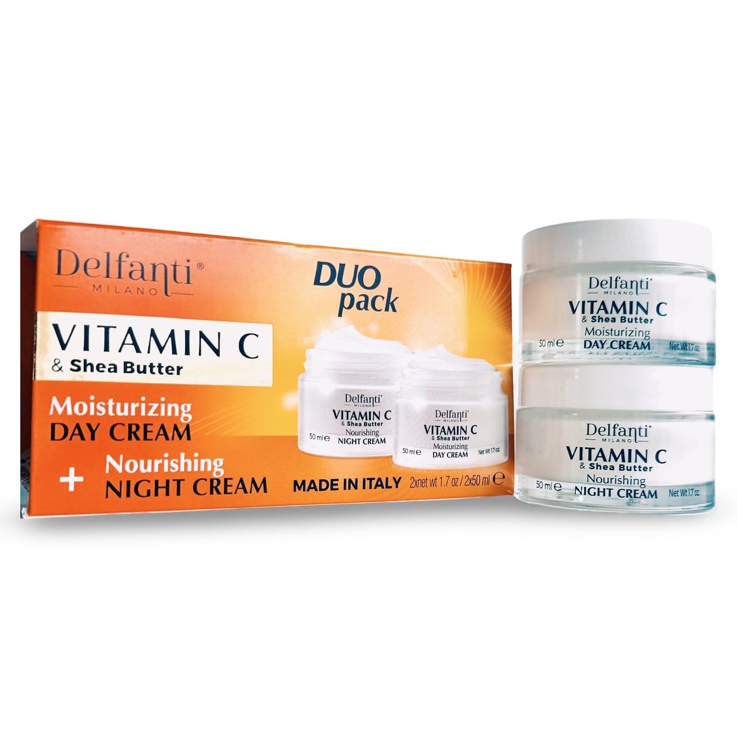 Delfanti-Milano • VITAMIN C & SHEA BUTTER• DUO pack • Day + Night Creams • Face, Neck Décolleté Moisturizing and Nourishing Cream for renewed Beauty & Personal Care Delfanti-Milano