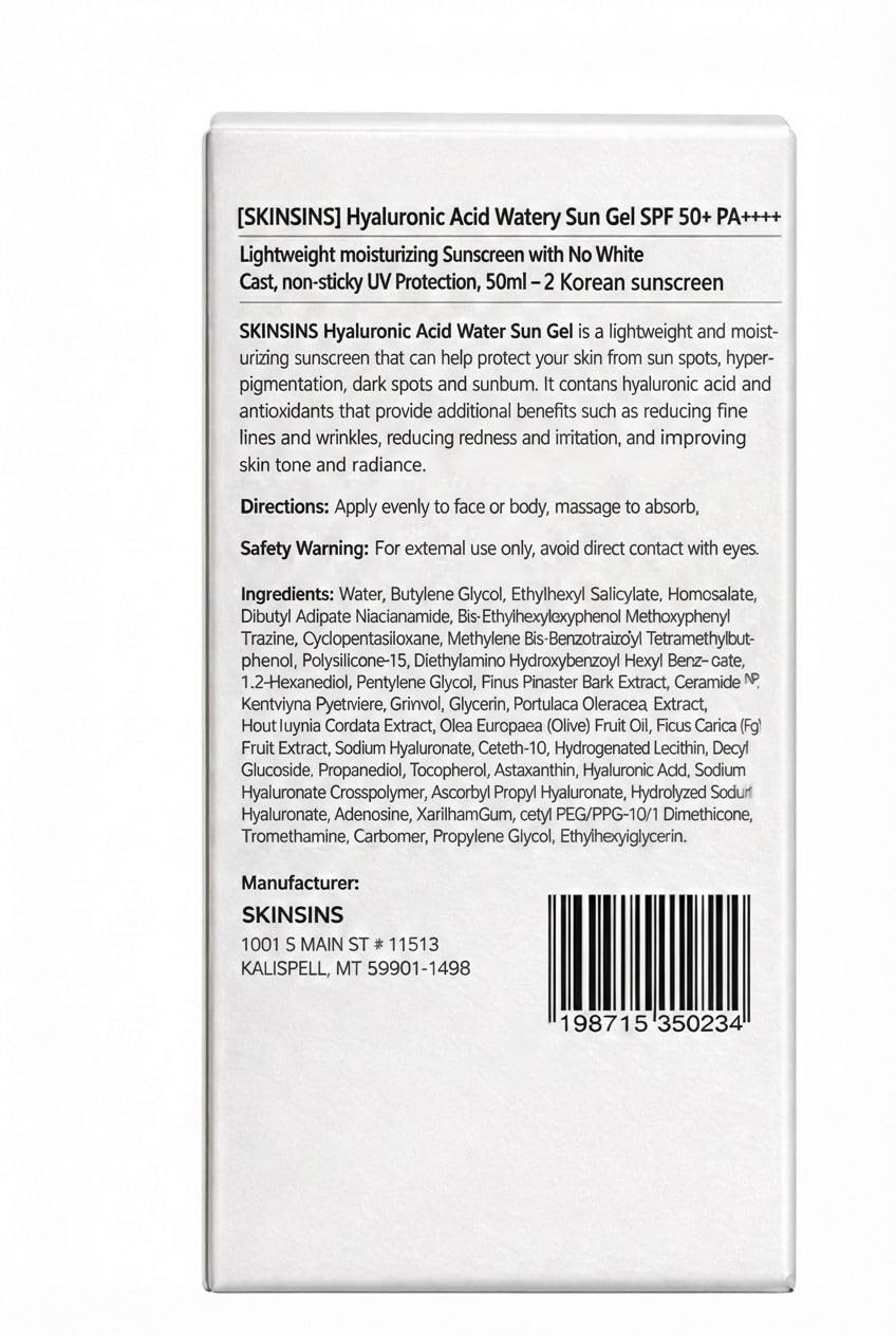 Hyaluronic Acid Watery Sun Gel SPF 50+ PA++++, Lightweight moisturizing Sunscreen with No White Cast,non-sticky UV Protection, 50ml - 2 Pack - Korean Beauty & Personal Care SKINSINS
