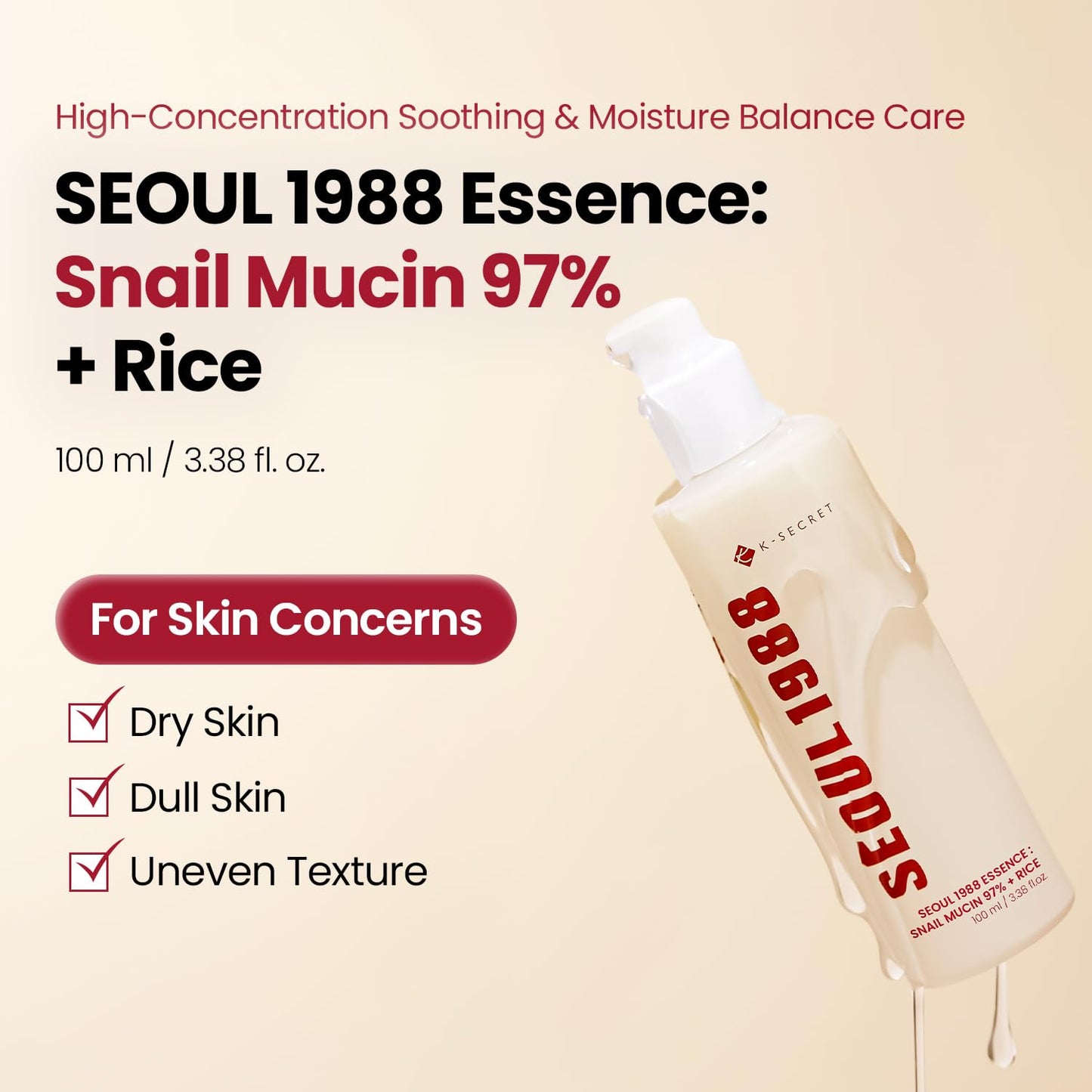 K-SECRET SEOUL 1988 Snail Mucin 97% Essence - Concentrated Yet Lightweight Formula Infused with 97% Snail Mucin | Soothing & Fast-Absorbing Facial Beauty & Personal Care K-SECRET