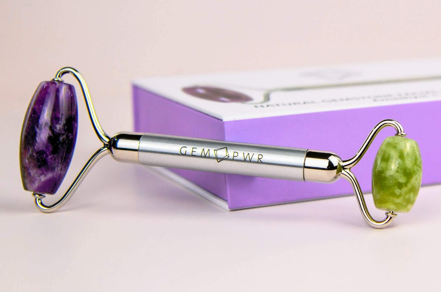 GEM PWR Amethyst + Jade Roller for Face and Neck Massage, Dual Gemstones with Durable Steel Handle and Travel Bag. Minimize Wrinkles, Reduce Puffiness Beauty & Personal Care GEM PWR