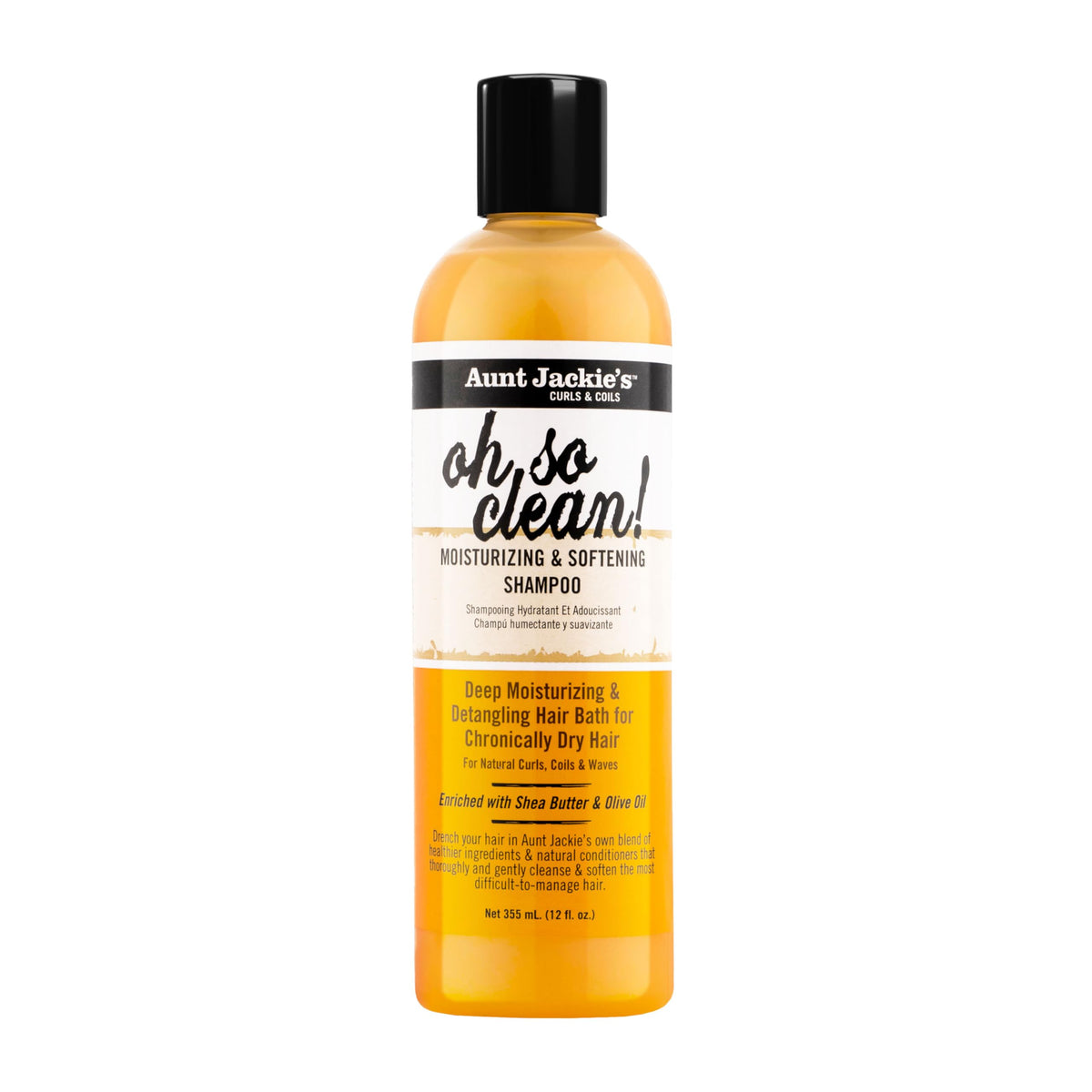 Aunt Jackie's Curls and Coils Oh So Clean Deep Moisturizing and Softening Hair Shampoo for Natural Curls, Coils and Waves, Enriched shea Butter, 12 oz