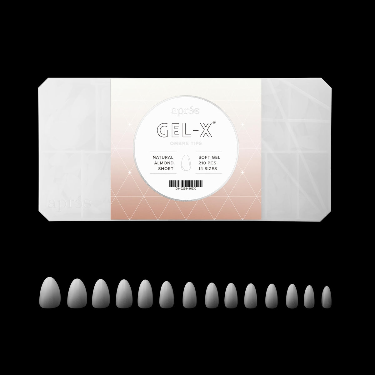 Apres Ombre Gel-X® Box of Nail Tips, 14 Sizes 00-9, Premium Quality (Natural Almond Short, 210 Count)