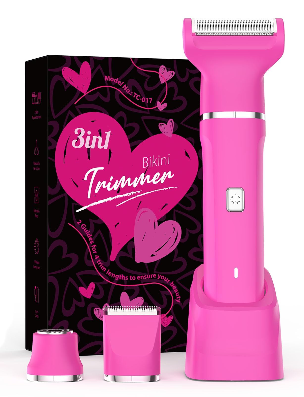 Bikini Trimmer for Women - IPX7 Waterproof Pubic Hair Remover for Shower & Travel, 3-in-1 Bikini Trimmer with Body/Round/Curved Heads, Hypoallergenic Beauty and Personal Care Risina