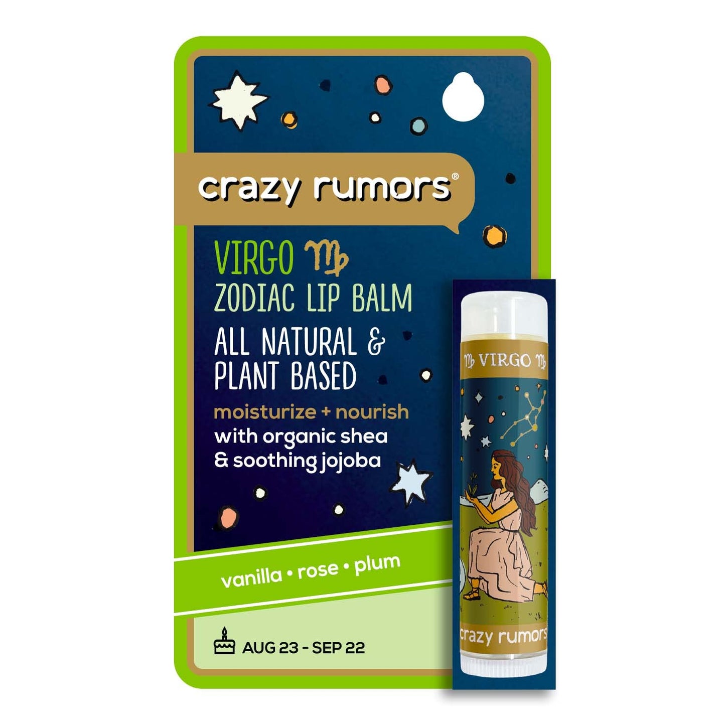 Crazy Rumors Virgo Zodiac All Natural, Plant Based Lip Balm to Moisturize and Nourish your Lips - Earth Blend (Sweet Vanilla, Fragrant Rose and Plum) Beauty and Personal Care Crazy Rumors