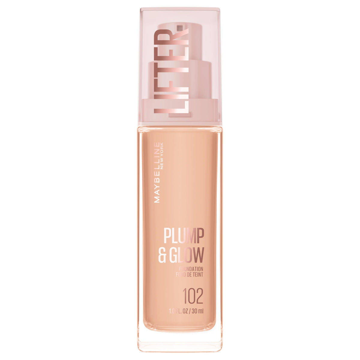 Maybelline Lifter Plump & Glow Foundation, Liquid Foundation with 2% Niacinamide + Hyaluronic Acid, Plumping and Brightening Face Makeup, 102, 1 Count