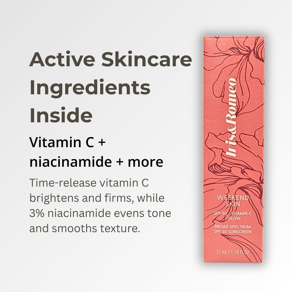IRIS&ROMEO Weekend Skin SPF 50 Instant Glow Tinted Mineral Sunscreen with Vitamin C + Niacinamide Full Size 1.18 Oz - Universal Glow (Sheer
