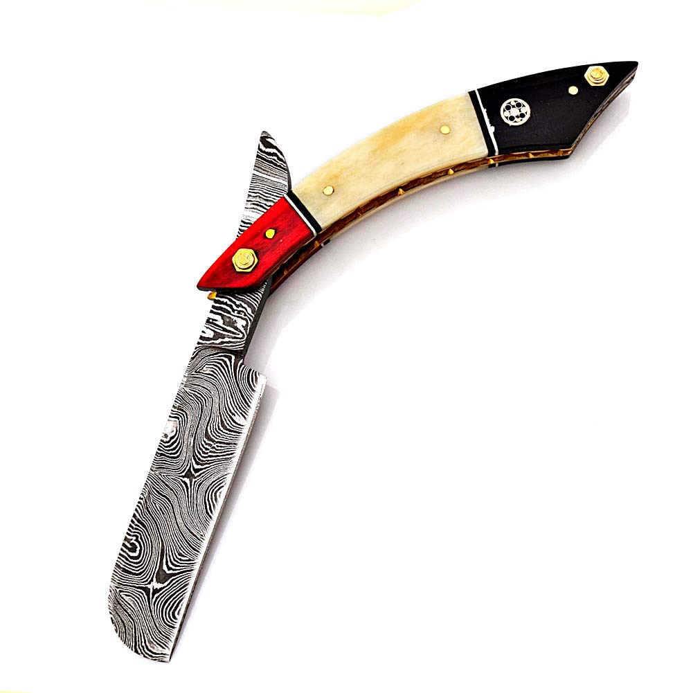 Damascus Steel Straight Razor Folding Razor With Shaving Ready Classic Barber Blade Edge, Men Straight Razor, Leather Case + Strop, Close Shave, Great Beauty and Personal Care Strong Edges