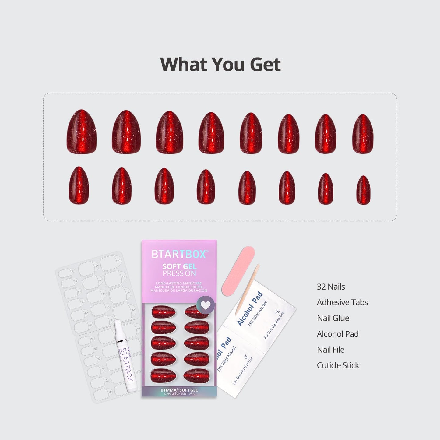 BTArtbox Press On Nails, New Red, Short Almond, Red Cat Eye Sparkle, 32Ct Beauty and Personal Care BTArtbox