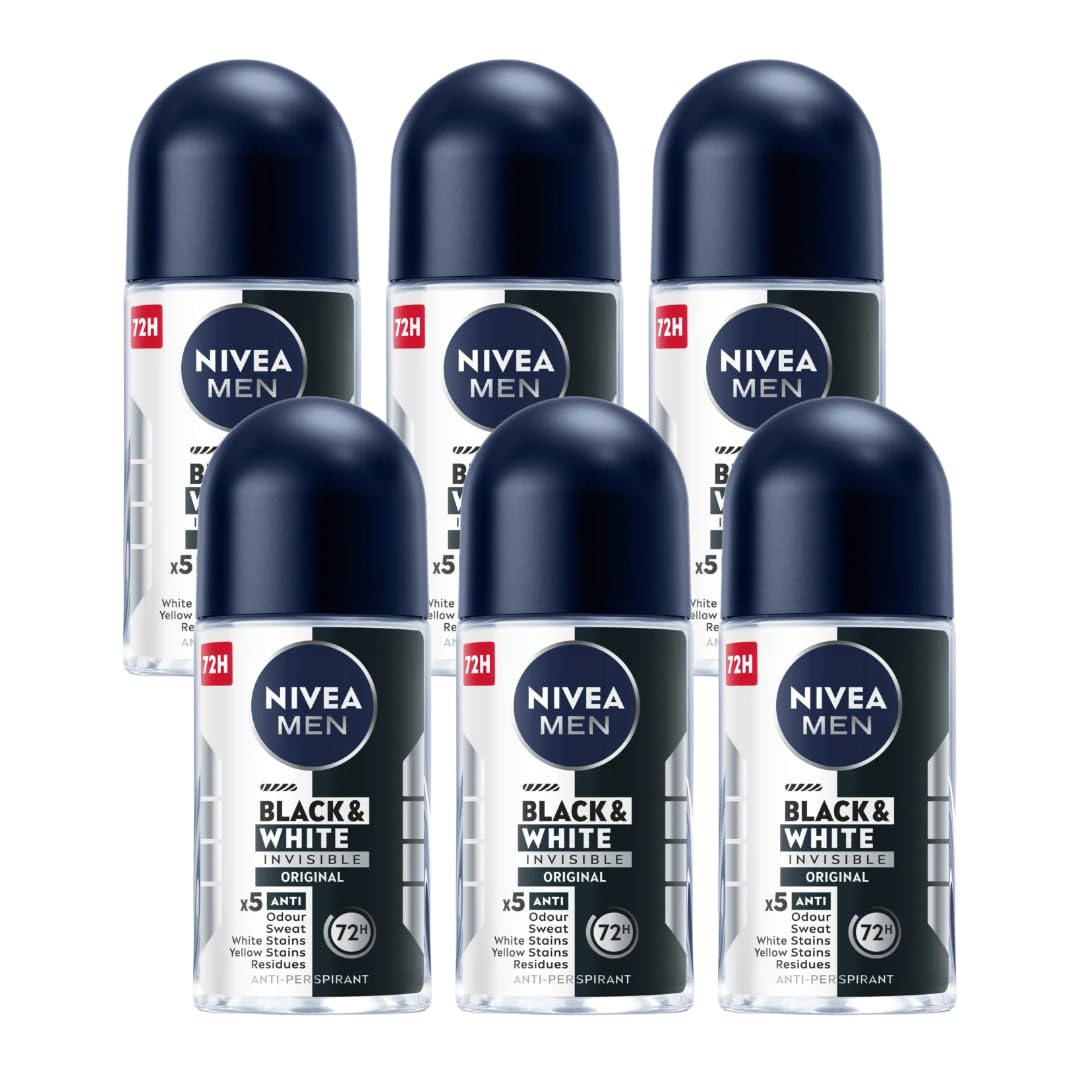 NIVEA Men Roll-On Deodorant Invisible Black & White Original, 72H Anti-Perspirant Protection, Fights Sweat & Body Odor, No White or Yellow Marks on Beauty and Personal Care NIVEA