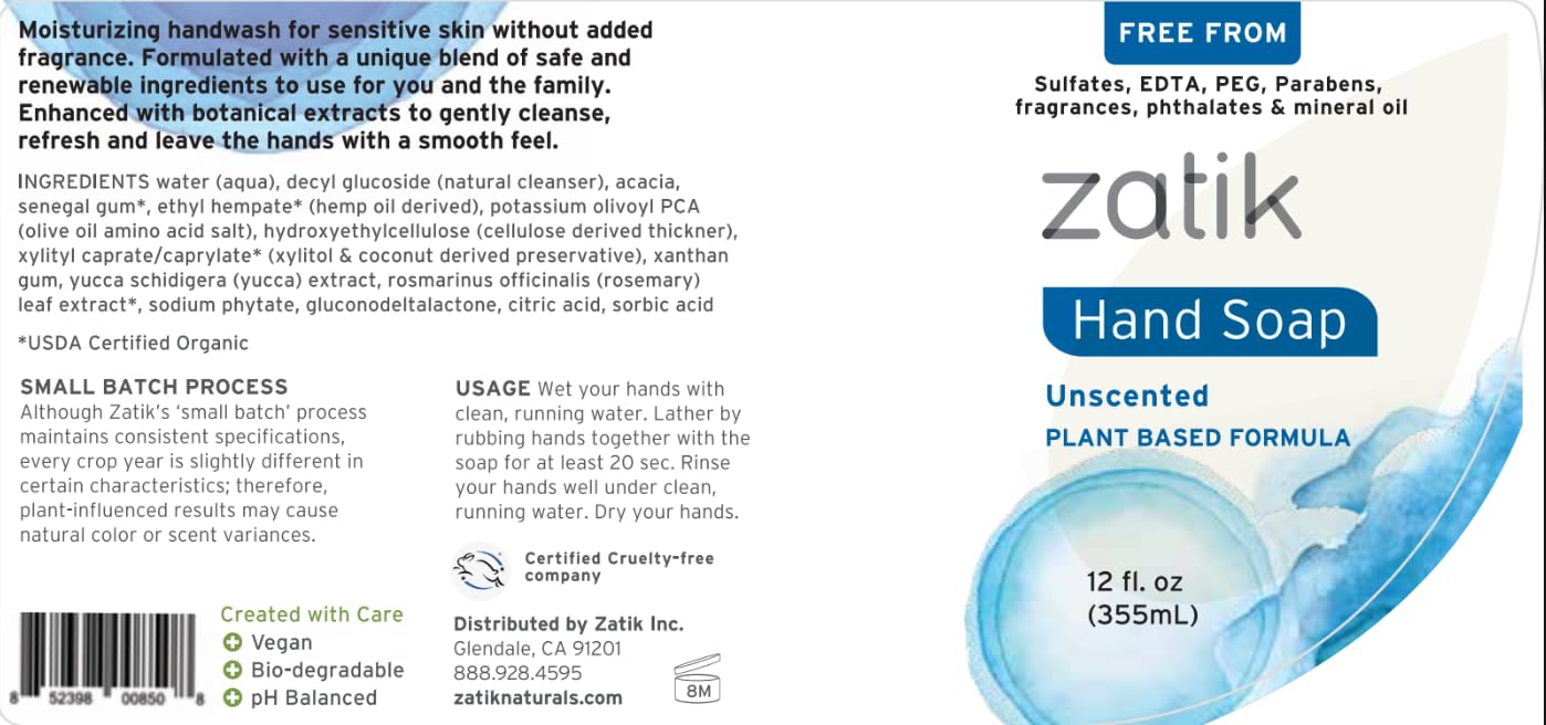 Zatik Naturals - Liquid Hand Soap (Unscented), Moisturizing Handwash, Grey-Water Safe,12 oz (Pack of 1) Beauty & Personal Care Zatik