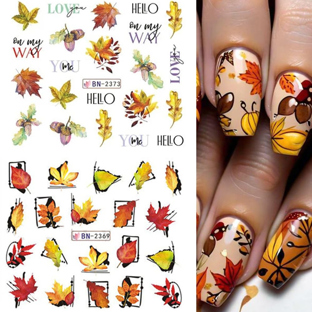 12Sheets Fall Nail Stickers Autumn Maple Leaf Pumpkin Halloween Thanksgiving Water Transfer Nail Decal for Women Girls Kids DIY Decorations Beauty & Personal Care Qdsuh