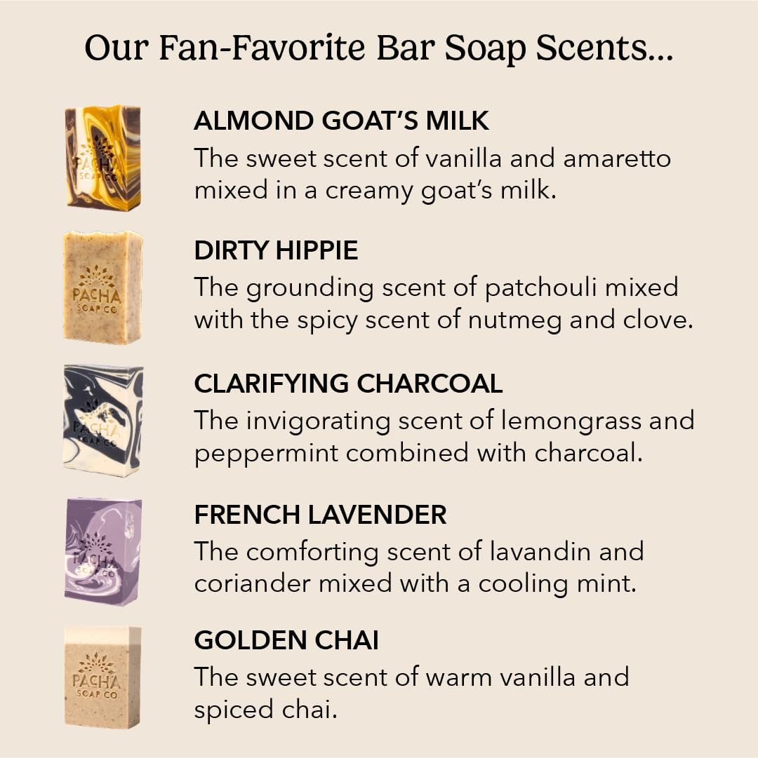 Pacha Soap Co. Bar Soap, Fan Favorites, 5-Pack (4 oz ea) - Almond Goat’s Milk, Dirty Hippie, Charcoal, French Lavender, & Golden Chai - Premium Beauty & Personal Care Pacha Soap Co