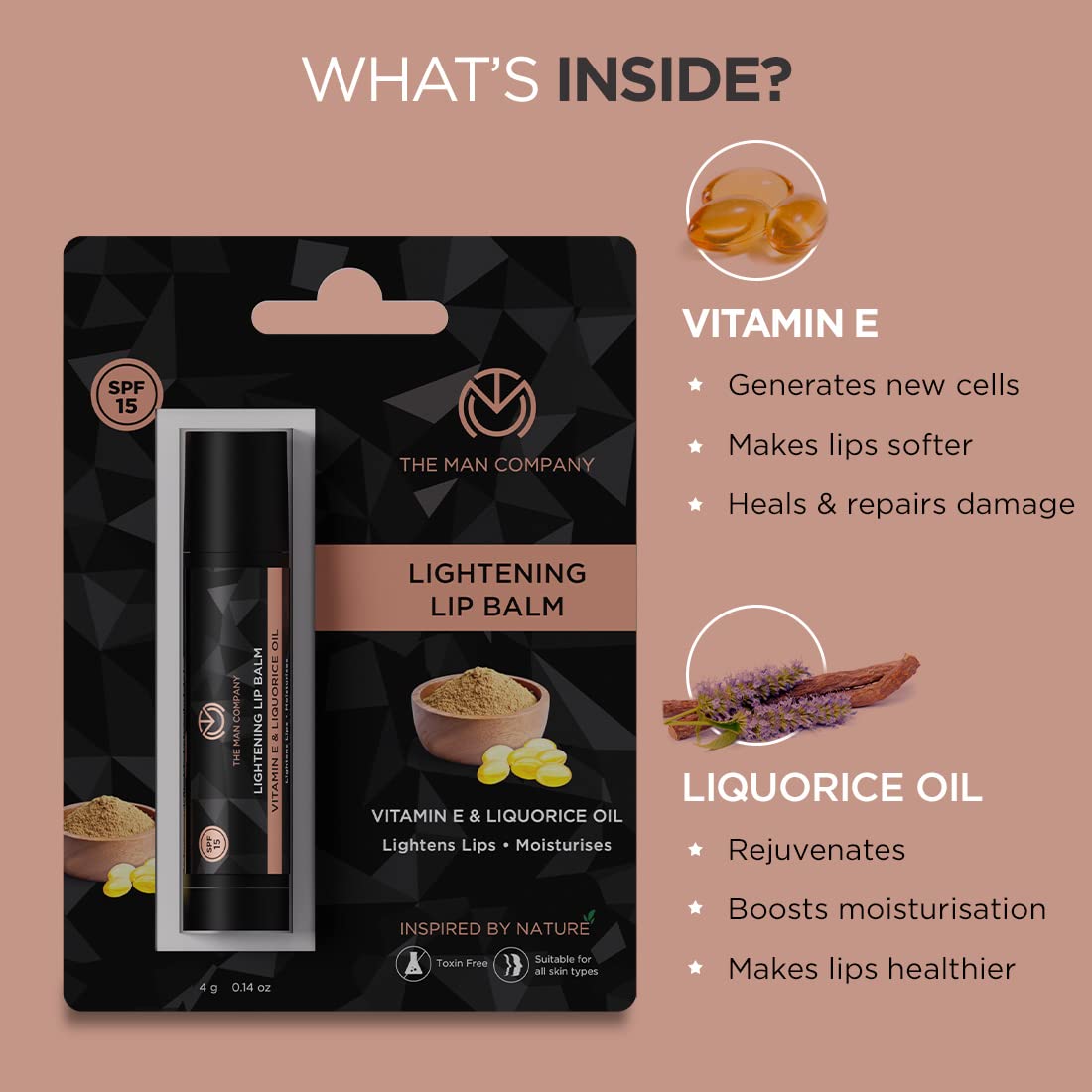 The Man Company Lightening Lip Balm for Men with Vitamin E & Liquorice Oil (0.14 oz), Lightens Darkened Lips, Nourishes, Moisturizes & Hydrates - PABA Beauty and Personal Care The Man Company
