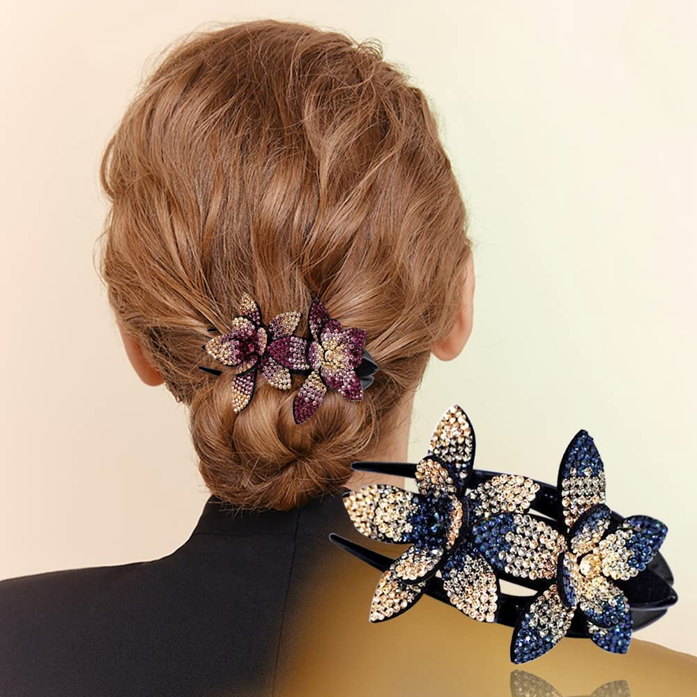6 Pack Rhinestone Double Flower Hair Clip for Women Girls, Crystal Duckbill Clip Hairpin with Teeth Non-Slip Women Elegant Hair Dovetail Clips Beauty & Personal Care INLAZTIM