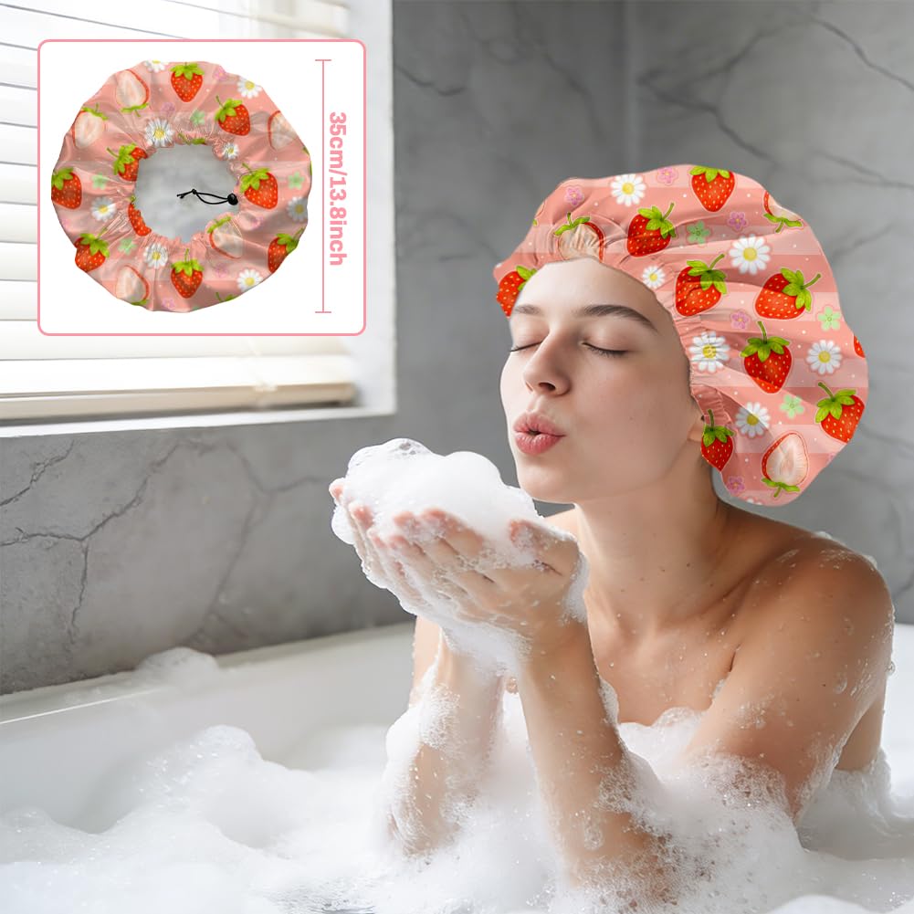 DELORIGIN Strawberries Reusable Shower Cap Cute Fruit Double Layer Waterproof Shower Caps Large Elastic Hair Cover Adjustable Hair - Drying Caps Beauty and Personal Care DELORIGIN