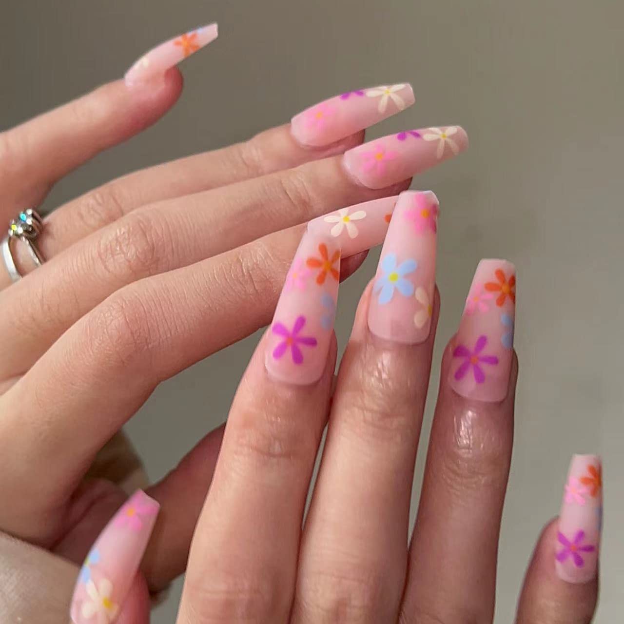 BABALAL Matte Press on Nails Long Coffin Fake Nails Pink Glue on Cute Acrylic False Nails with Flower Design for Women and Girls Beauty & Personal Care BABALAL