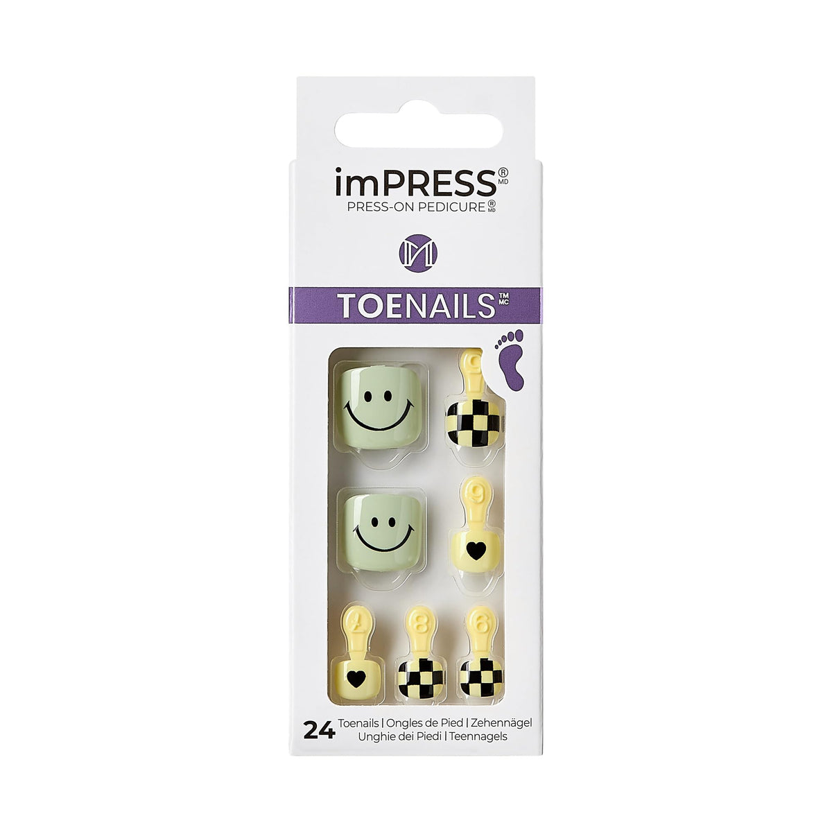 KISS Impress No Glue Pedi Press-On Toenails, Green, Smile Face, Yellow Chess, Squoval Shape, Includes 24 Nails, Prep Pad, 1 Manicure Stick, 1 Mini