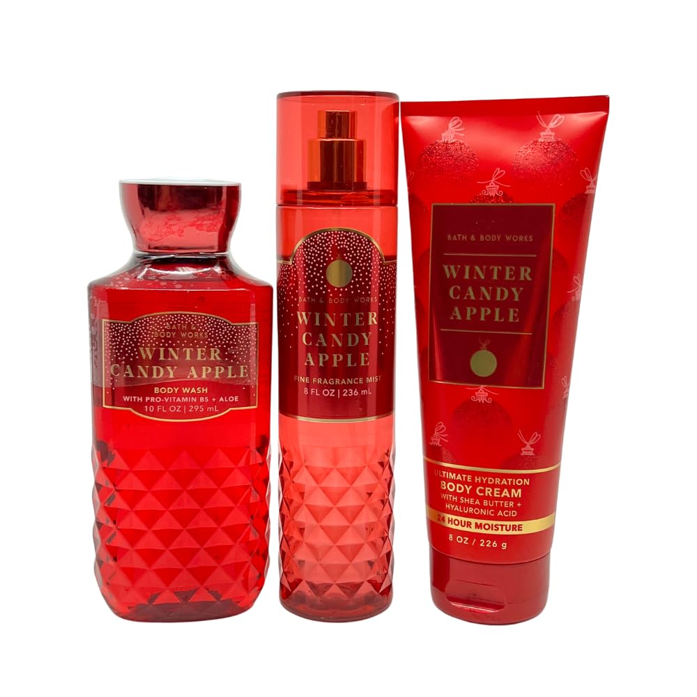 Bath & Body Works WINTER CANDY APPLE 3-piece Gift Set with a Red Bow for Holidays & Gifts - Body Wash, Mist, Body Cream - Full Size Beauty and Personal Care Bath & Body Works