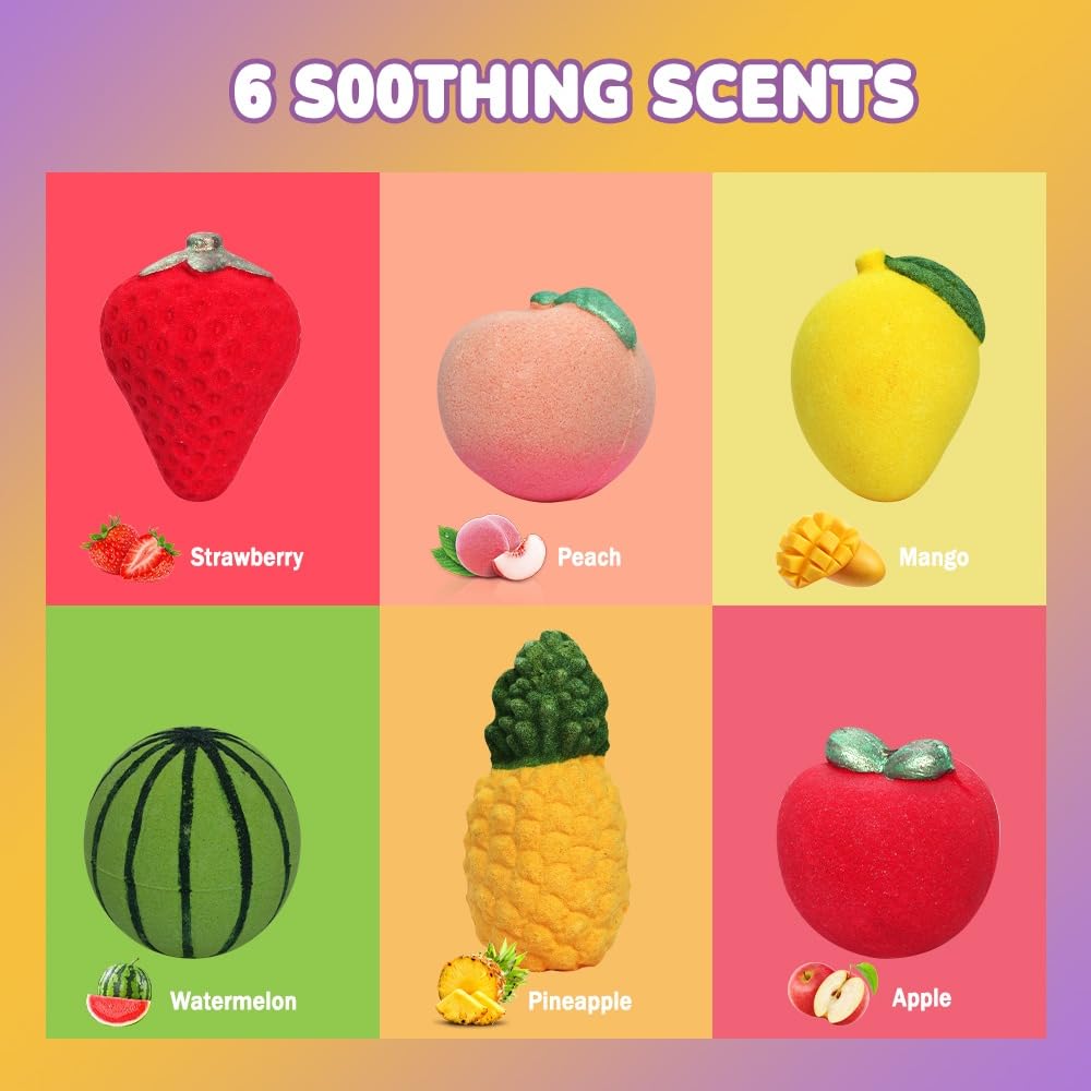 Kids Bath Bomb Gift Set - 6 Large 150g Fruit-Scented Bath Bombs with Matching Scents - Natural & Vegan - Strawberry, Peach, Mango, Pineapple Beauty and Personal Care KAV