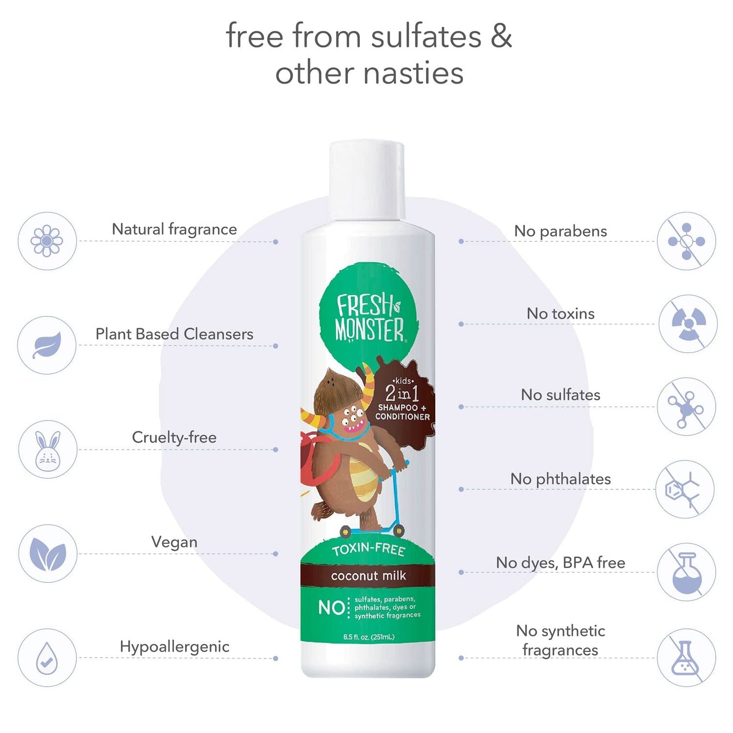 Fresh Monster 2-in-1 Kids Shampoo & Conditioner, Toxin-Free, Hypoallergenic, Tear-free Shampoo & Conditioner for Kids, Coconut (2 Pack, 8.5oz/each) Beauty & Personal Care Fresh Monster