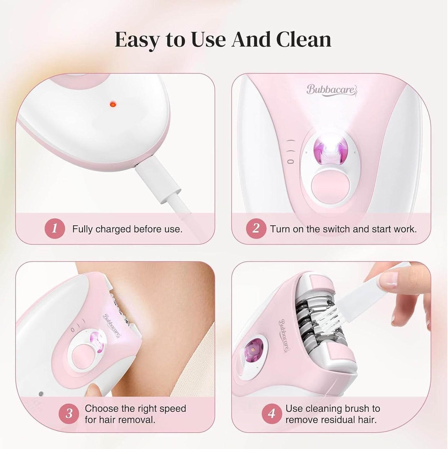 Epilator for Women, Silent Smooth Glide 2-Speed Facial Hair Removal Device, Cordless Rechargeable Hair Remover for Face, Legs, Bikini, Arms Beauty and Personal Care Bubbacare