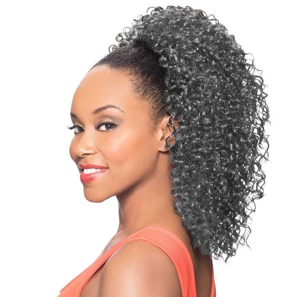 Maxwigs DS013 Ponytail Color 34 Dark Brown Gray - Foxy Silver Wigs 16" Long Curly Drawstring Hairpiece Clip On Synthetic African American Womens