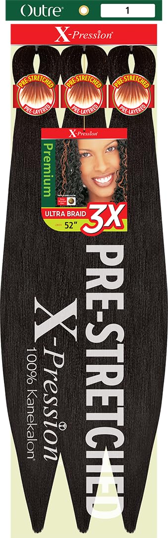 Outre X-Pression Braid - Pre Stretched Braid 52" 3X (5 Pack, JET BLACK 1)