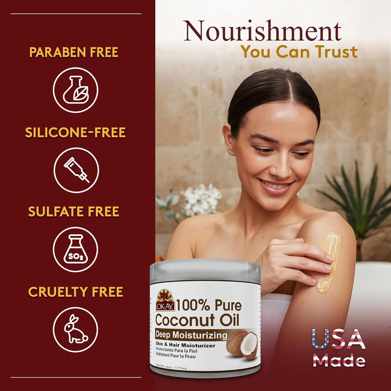 OKAY 100% Pure Coconut Oil for Hair & Skin - Coconut Oil for Women & Men, Perfect for Hair & body, Natural Massage Oil & Moisturizer - 6 fl oz Jar Beauty & Personal Care OKAY