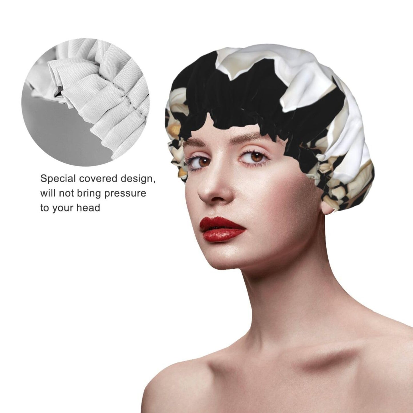 White Floral Shower Cap for Women Men Large Reusable Shower Bonnet Double-Layer Waterproof Bath Caps Elastic Band Hair Hat for All Hairstyles Beauty and Personal Care BWLHJKE