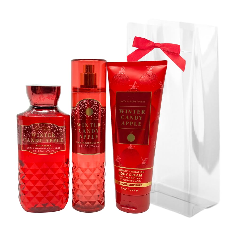 Bath & Body Works WINTER CANDY APPLE 3-piece Gift Set with a Red Bow for Holidays & Gifts - Body Wash, Mist, Body Cream - Full Size Beauty and Personal Care Bath & Body Works