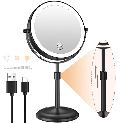 Benbilry Lighted Makeup Mirror with 10X Magnification & 3 Color Lights, Adjustable Brightness & Height, 7 Inch 360° Swivel Rechargeable LED Magnifying Beauty & Personal Care Benbilry