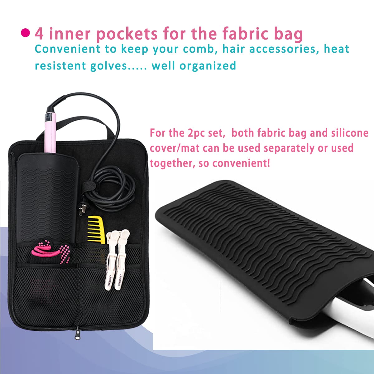 2 Pieces Hair Flat Iron Case Holder Canvas Bag Heat Resistant Curling Iron Silicone Straightener Holder Mat for Hair Tools Curling Iron Organizer Bag Beauty & Personal Care WK IEASON