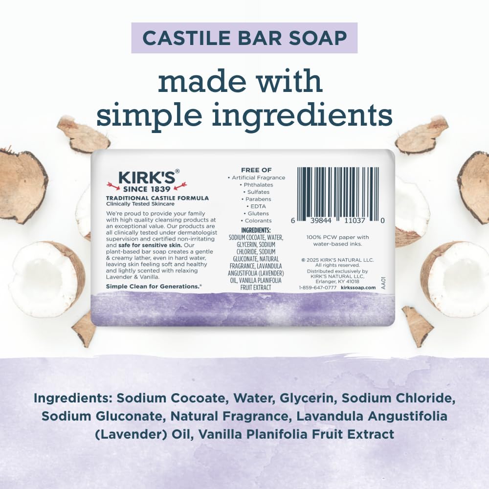 Kirk's Castile Bar Soap, Lavender & Vanilla - Clinically Tested, Safe for Sensitive Skin with Coconut Oil, Vegan and Non-GMO - 4 oz Bars, 6 Pack Beauty & Personal Care Kirk's